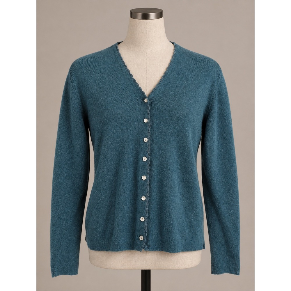 Vintage Teal Blue Ramie Cotton Knit Button Up Cardigan XL Granola Girl Cottage